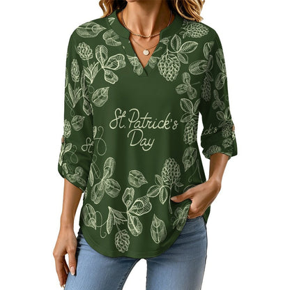 Women Curved Hem V Neck Roll Sleeve Casual Work Top  St. Patrick's Day, Wreath