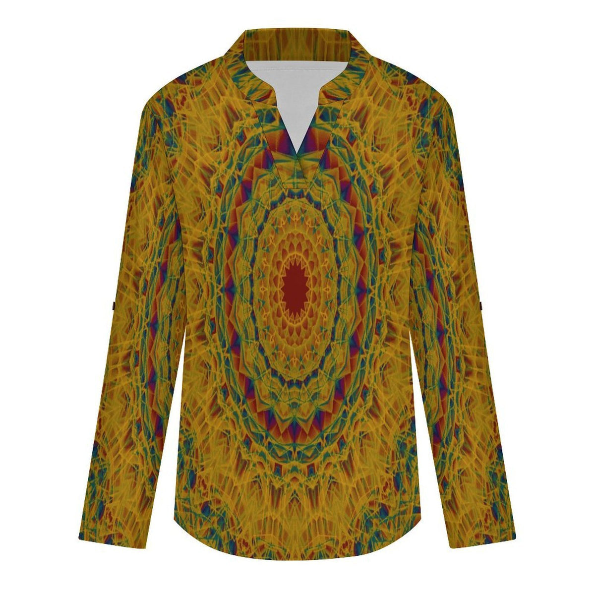 Women Curved Hem V Neck Roll Sleeve Casual Work Top  Retro Pattern, Background