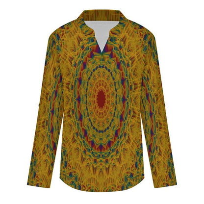 Women Curved Hem V Neck Roll Sleeve Casual Work Top  Retro Pattern, Background