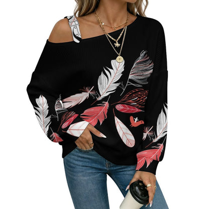 Feathers Buckle Strap Asymmetrical Off Shoulder Knit Sweater