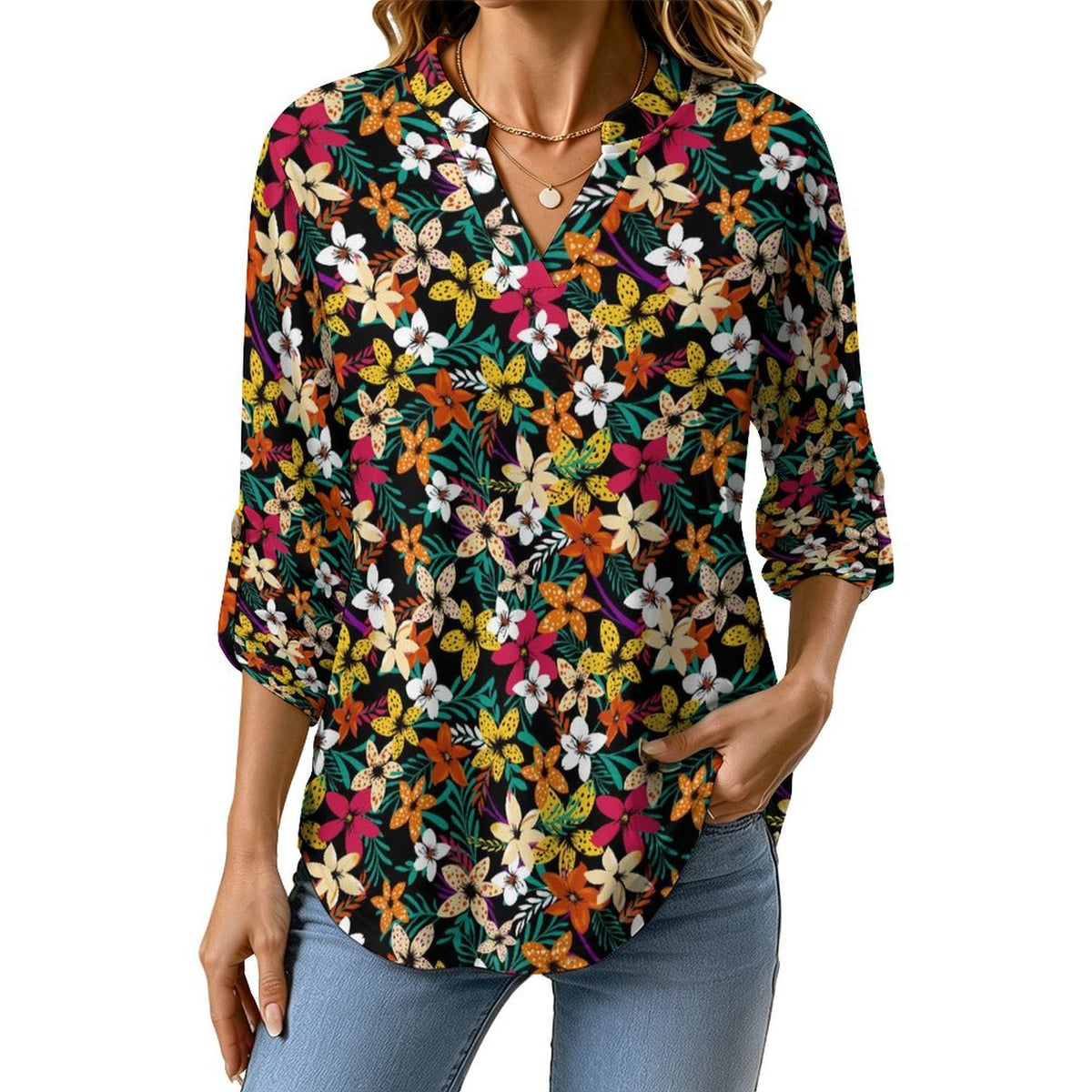Flower  Versatile Notched V-Neck Tunic | Roll Tab 3/4 Sleeve Office Casual Top