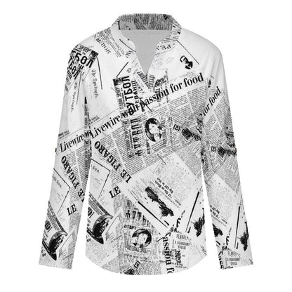 Stand-up Collar Long-sleeved Shirt Newspaper Dress white S Women’s V-Neck Blouses