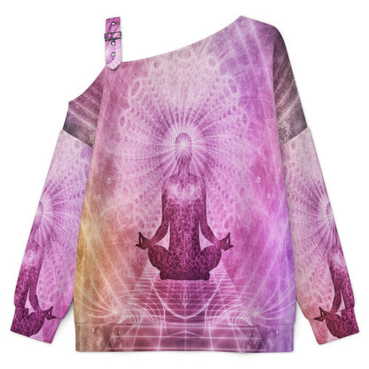 Pink Patterns, Religion, Faith Buckle Strap Asymmetrical Off Shoulder Knit Sweater