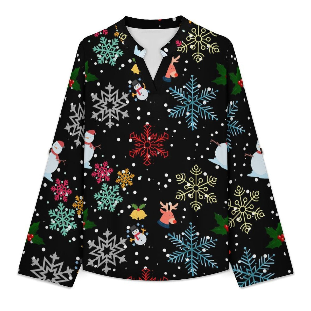 Black, Snowflakes, Santa Claus  Versatile Notched V-Neck Tunic | Roll Tab 3/4 Sleeve Office Casual Top