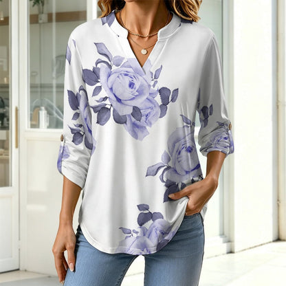 Rose Repeat Tablecloth Curtain Roll Tab 3/4 Sleeve Notched V Neck Tunic Blouse
