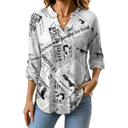 Stand-up Collar Long-sleeved Shirt Newspaper Dress white S Women’s V-Neck Blouses