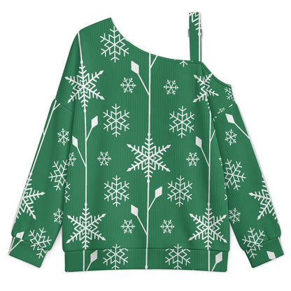 Fall Casual Asymmetric Shoulder Knit Top with Buckle Detail Snowflake Green Tile Repeat