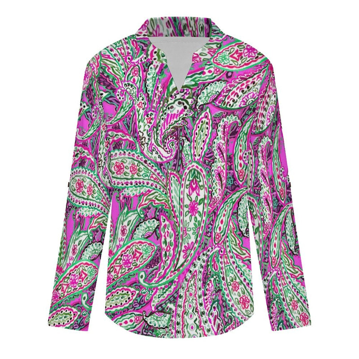 Women's Notched V Neck Tunic Tops, Roll Up 3/4 Sleeve Button Cuff Casual Blouse, Hem Loose Work Shirts Paisley