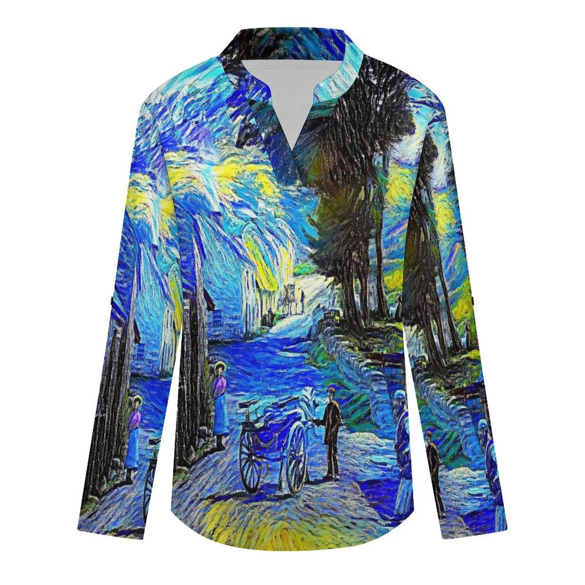 Blue Ink Painting, Town  Versatile Notched V-Neck Tunic | Roll Tab 3/4 Sleeve Office Casual Top