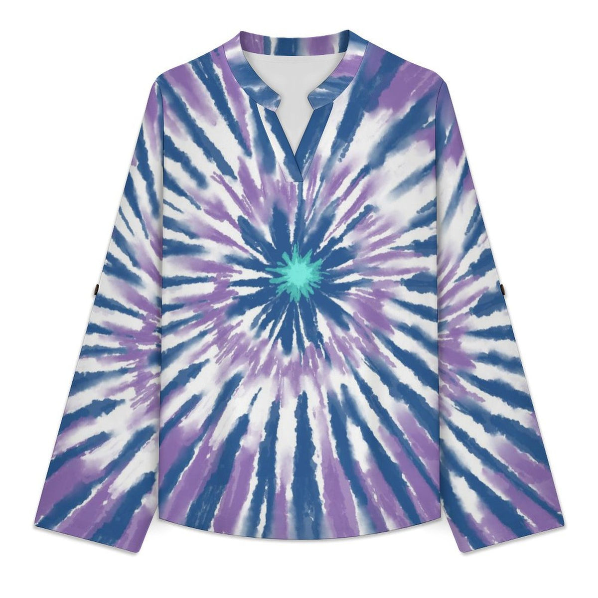 Women's Notched V Neck Tunic Tops, Roll Up 3/4 Sleeve Button Cuff Casual Blouse, Hem Loose Work Shirts  Tie-dye Radiation Blue Purple