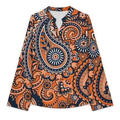 Paisley  Versatile Notched V-Neck Tunic | Roll Tab 3/4 Sleeve Office Casual Top