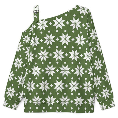 Fall Casual Asymmetric Shoulder Knit Top with Buckle Detail Christmas - Repeat - Pattern - Green - White - Christmas Pattern