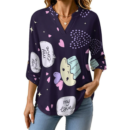 Cupcake Background  Versatile Notched V-Neck Tunic | Roll Tab 3/4 Sleeve Office Casual Top