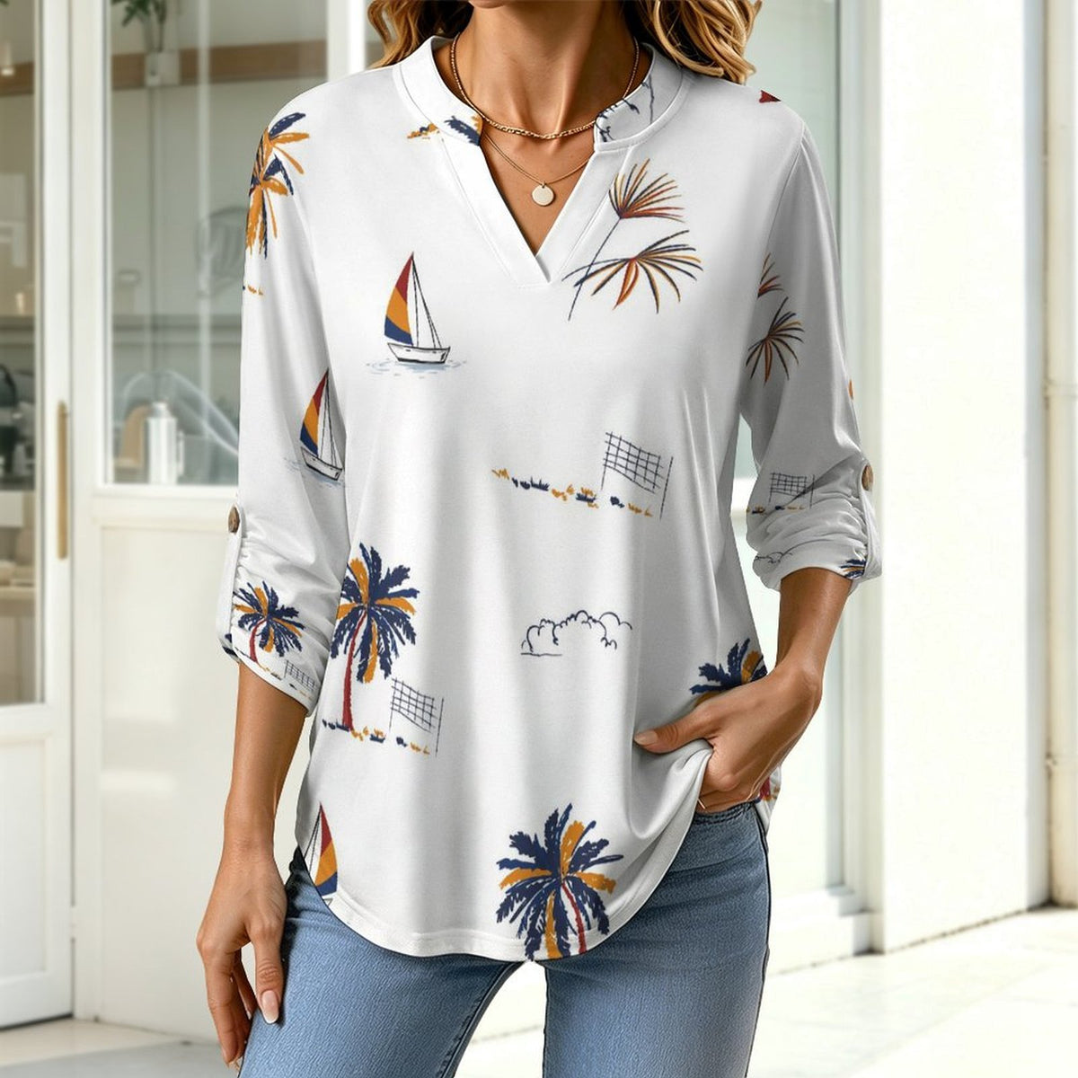 Summer Coconut Sailboat  Versatile Notched V-Neck Tunic | Roll Tab 3/4 Sleeve Office Casual Top
