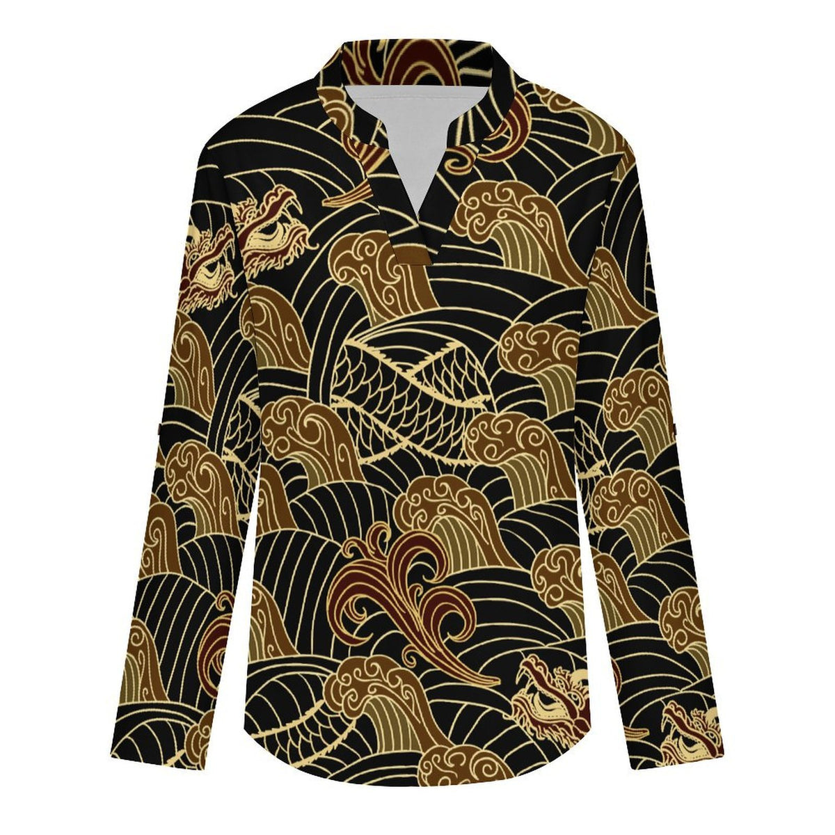 Retro Pattern, Cloud, Dragon Roll Tab 3/4 Sleeve Notched V Neck Tunic Blouse