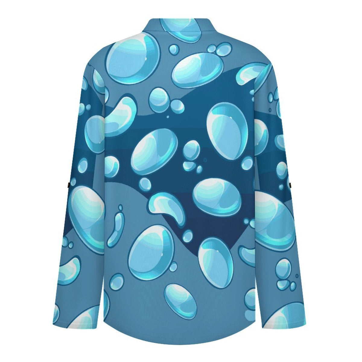 Women Curved Hem V Neck Roll Sleeve Casual Work Top  Blue Water Droplets
