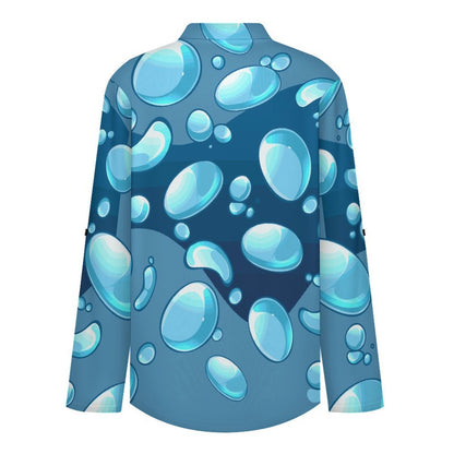 Women Curved Hem V Neck Roll Sleeve Casual Work Top  Blue Water Droplets