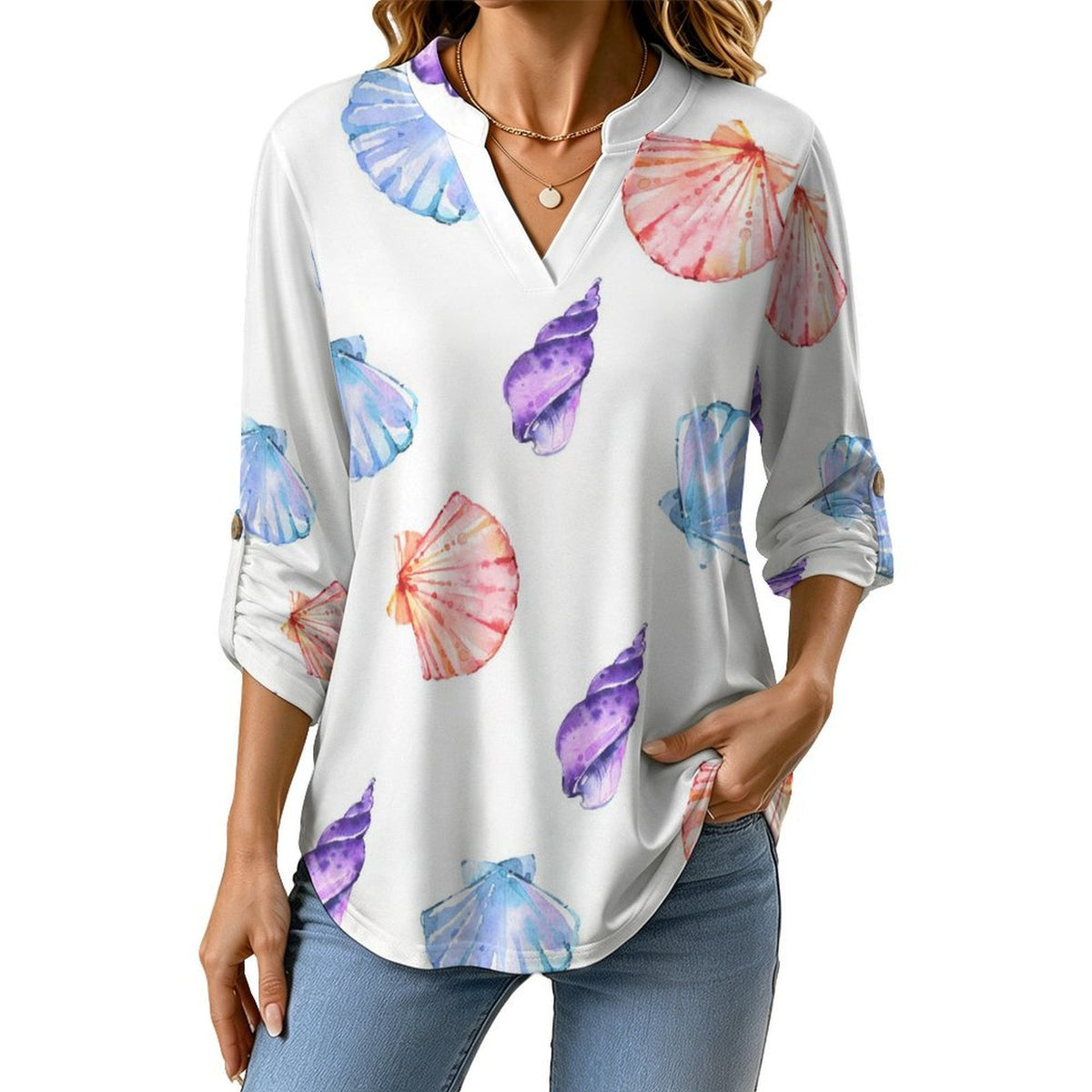 Stand-up Collar Long-sleeved Shirt Shell-blue-full Print-T-shirt-phone Case white S Women’s V-Neck Blouses