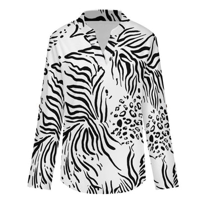 Women's Notched V Neck Tunic Tops, Roll Up 3/4 Sleeve Button Cuff Casual Blouse, Hem Loose Work Shirts  Tiger Pattern, Repeating Pattern