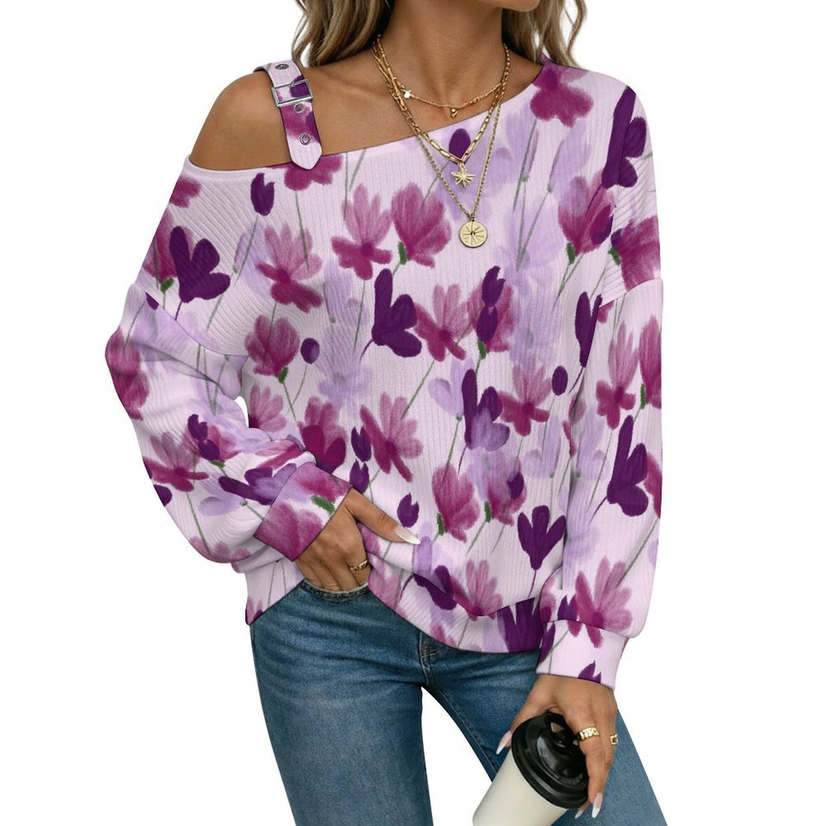 Purple Flowers Buckle Strap Asymmetrical Off Shoulder Knit Sweater