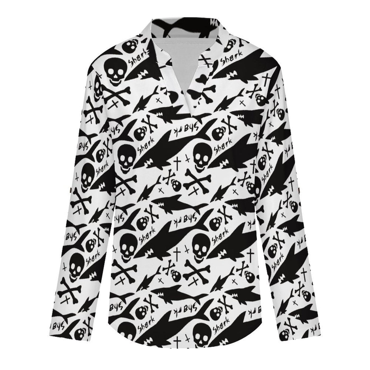 Women's Notched V Neck Tunic Tops, Roll Up 3/4 Sleeve Button Cuff Casual Blouse, Hem Loose Work Shirts  Shark - Skull - Bone - Repeat Pattern - Black And White