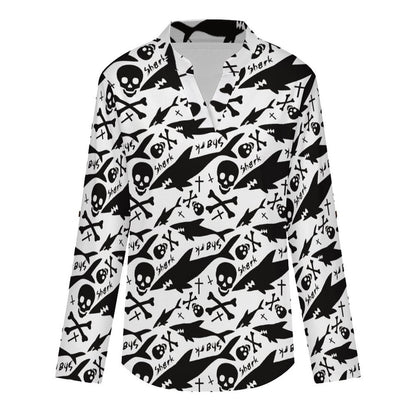 Women's Notched V Neck Tunic Tops, Roll Up 3/4 Sleeve Button Cuff Casual Blouse, Hem Loose Work Shirts  Shark - Skull - Bone - Repeat Pattern - Black And White