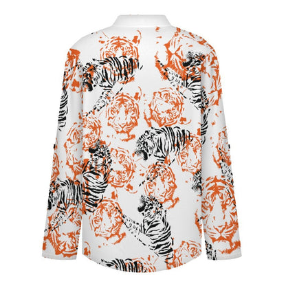 Women's Notched V Neck Tunic Tops, Roll Up 3/4 Sleeve Button Cuff Casual Blouse, Hem Loose Work Shirts  Tiger Pattern, Repeating Pattern