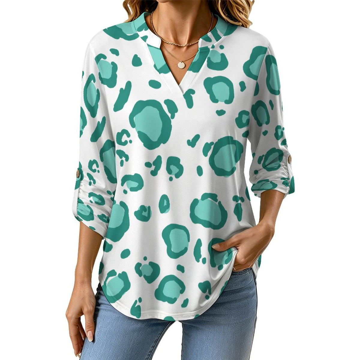 Women's Notched V Neck Tunic Tops, Roll Up 3/4 Sleeve Button Cuff Casual Blouse, Hem Loose Work Shirts  Green Leopard Print