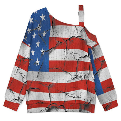 Women’s Off-Shoulder Knit Sweater American Flag, Damage, History