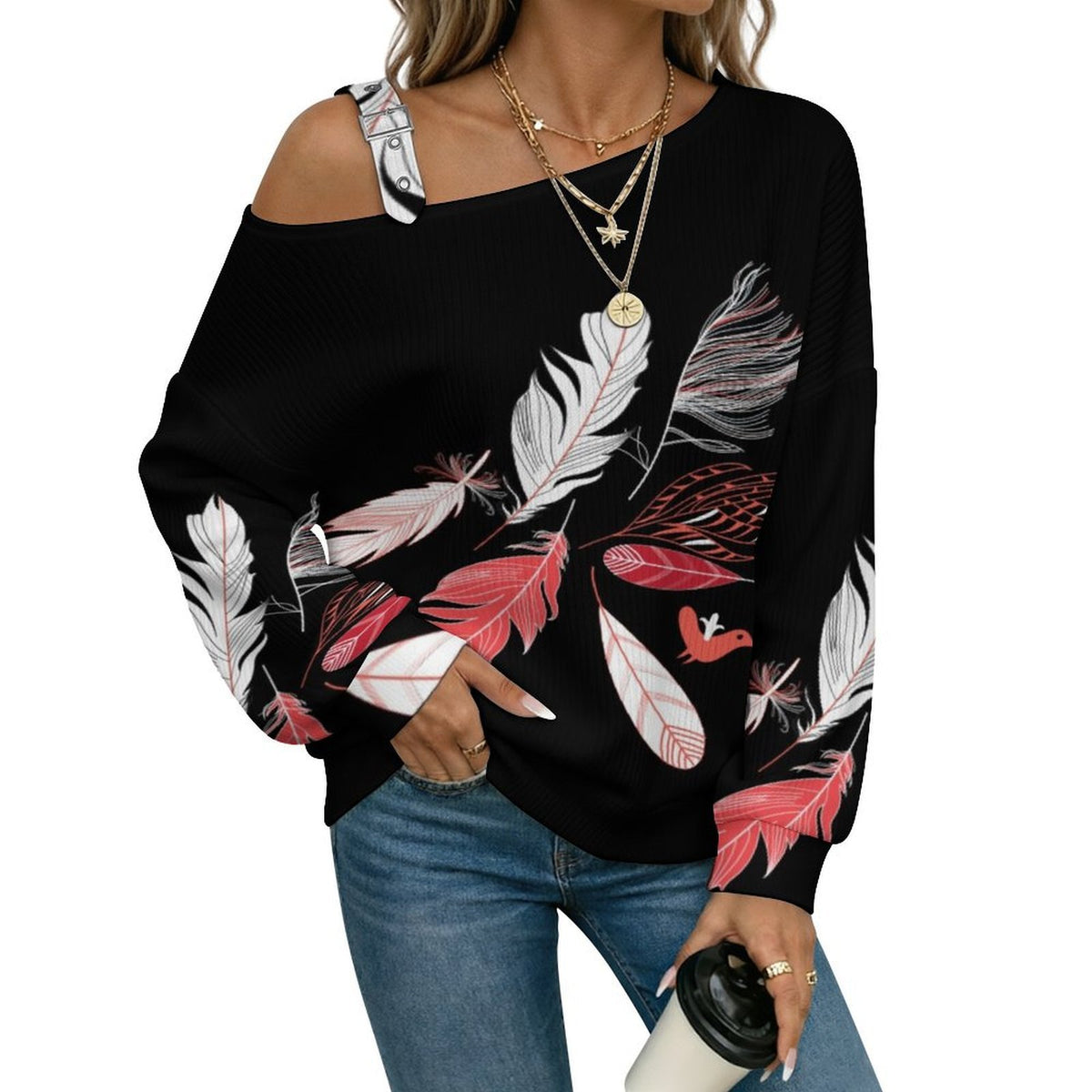 Feathers Buckle Strap Asymmetrical Off Shoulder Knit Sweater