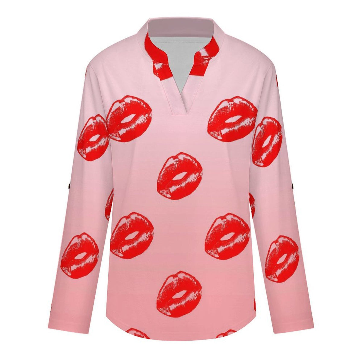 Red Lips Roll Tab 3/4 Sleeve Notched V Neck Tunic Blouse