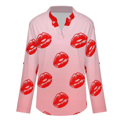 Red Lips Roll Tab 3/4 Sleeve Notched V Neck Tunic Blouse