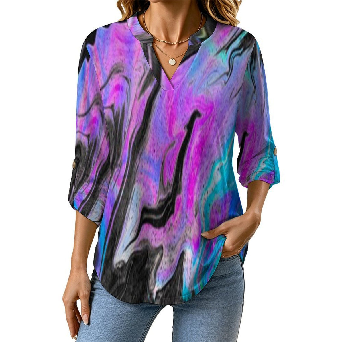 Stand-up Collar Long-sleeved Shirt Flowing Sci-fi Liquid Dazzle white S Women’s V-Neck Blouses