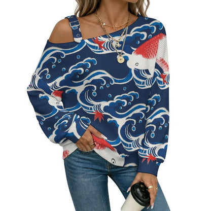 Women’s Off-Shoulder Knit Sweater Chinese Wind, Waves, Fish