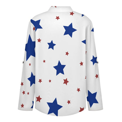 Stars Repeat Pattern Red And Blue  Versatile Notched V-Neck Tunic | Roll Tab 3/4 Sleeve Office Casual Top