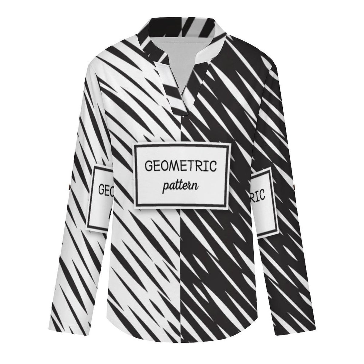 Versatile Notched V-Neck Tunic  Roll Tab 3/4 Sleeve Office Casual Top  Black And White Twill
