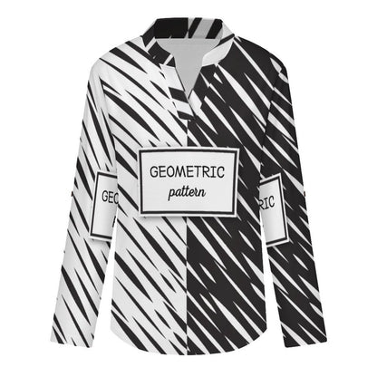 Versatile Notched V-Neck Tunic  Roll Tab 3/4 Sleeve Office Casual Top  Black And White Twill