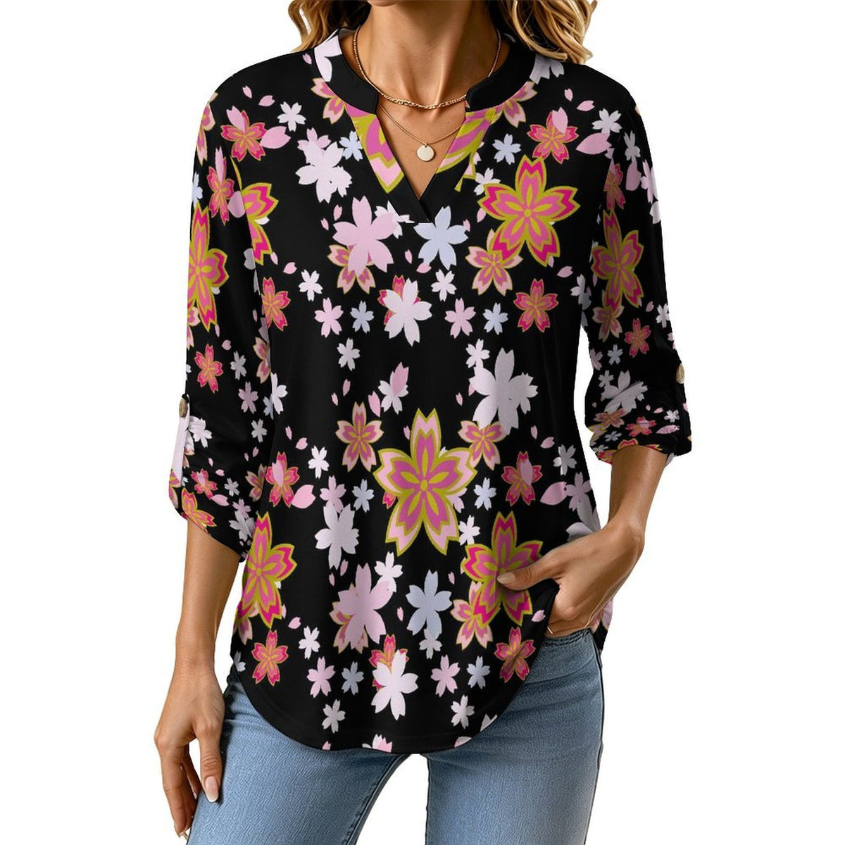 Black, Pink Cherry Blossoms Roll Tab 3/4 Sleeve Notched V Neck Tunic Blouse