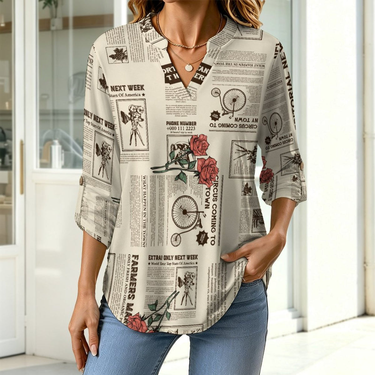Versatile Notched V-Neck Tunic  Roll Tab 3/4 Sleeve Office Casual Top  Yellow Newspaper  Red Rose