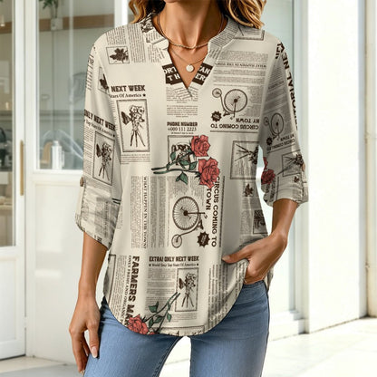 Versatile Notched V-Neck Tunic  Roll Tab 3/4 Sleeve Office Casual Top  Yellow Newspaper  Red Rose
