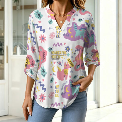 Autumn Cartoon Animal Plant Forest Repeat Pattern Children  Versatile Notched V-Neck Tunic | Roll Tab 3/4 Sleeve Office Casual Top