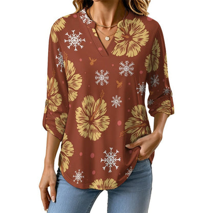 Stand-up Collar Long-sleeved Shirt Orange Background, Flowers white S Women’s V-Neck Blouses