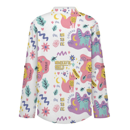Autumn Cartoon Animal Plant Forest Repeat Pattern Children  Versatile Notched V-Neck Tunic | Roll Tab 3/4 Sleeve Office Casual Top