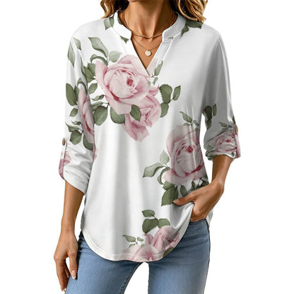 Stand-up Collar Long-sleeved Shirt Rose Repeat Tablecloth Curtain white S Women’s V-Neck Blouses