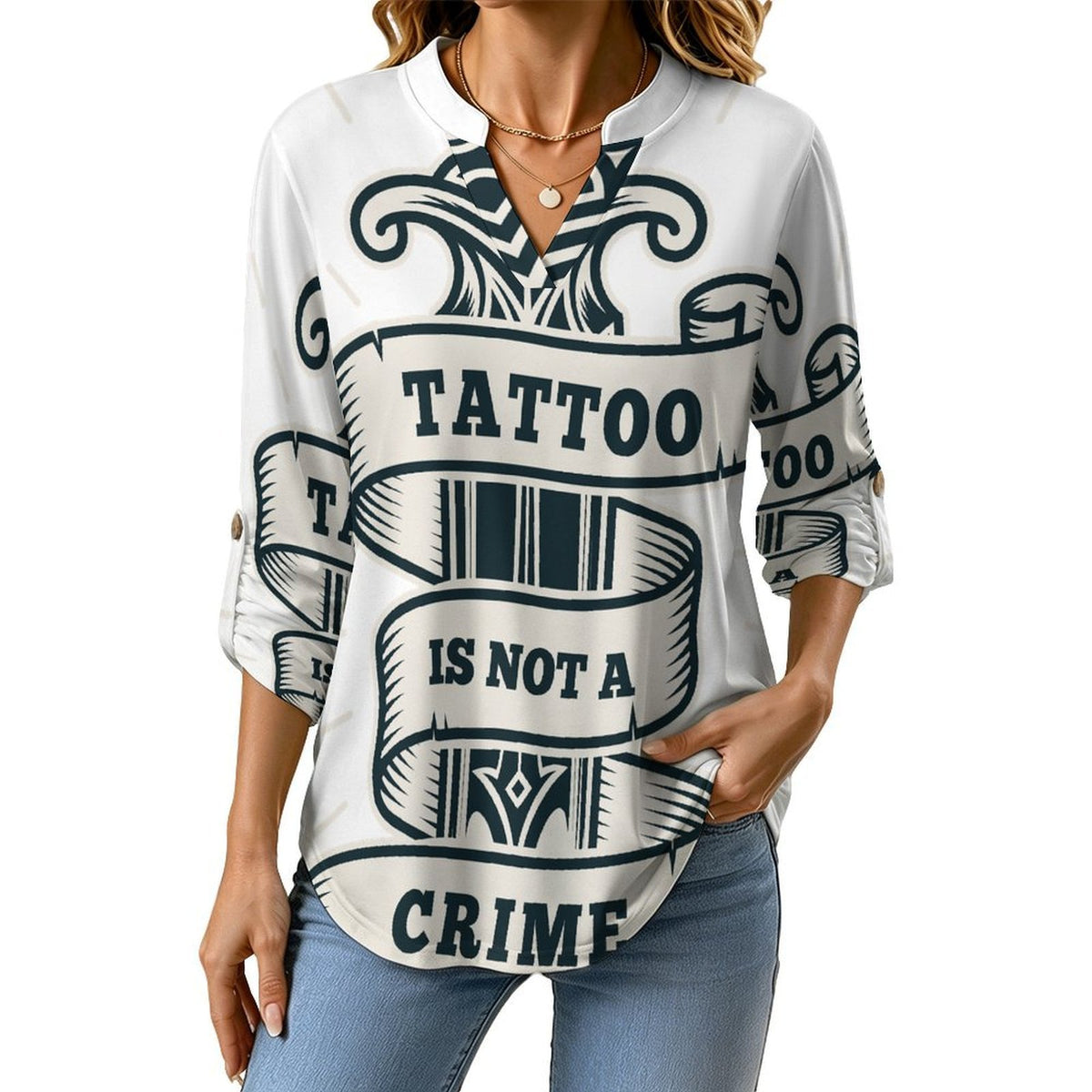 Dagger, Weapon Women's Notched V Neck Tunic Tops, Roll Up 3/4 Sleeve Button Cuff Casual Blouse, Hem Loose Work Shirts