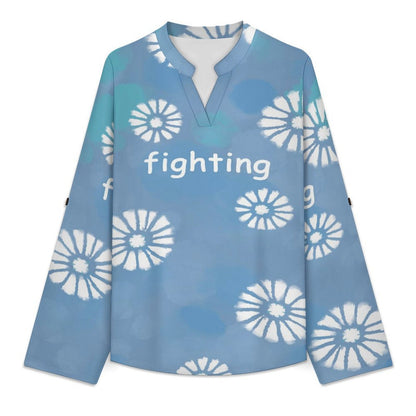 Women's Notched V Neck Tunic Tops, Roll Up 3/4 Sleeve Button Cuff Casual Blouse, Hem Loose Work Shirts  Tie-dyed Blue Daisy