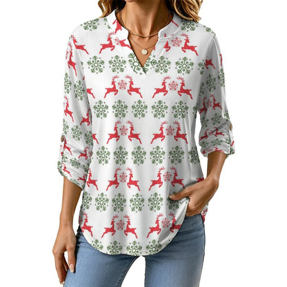 Women's Notched V Neck Tunic Tops, Roll Up 3/4 Sleeve Button Cuff Casual Blouse, Hem Loose Work Shirts  Christmas-snowflake-reindeer-red-green-tiled-repeat