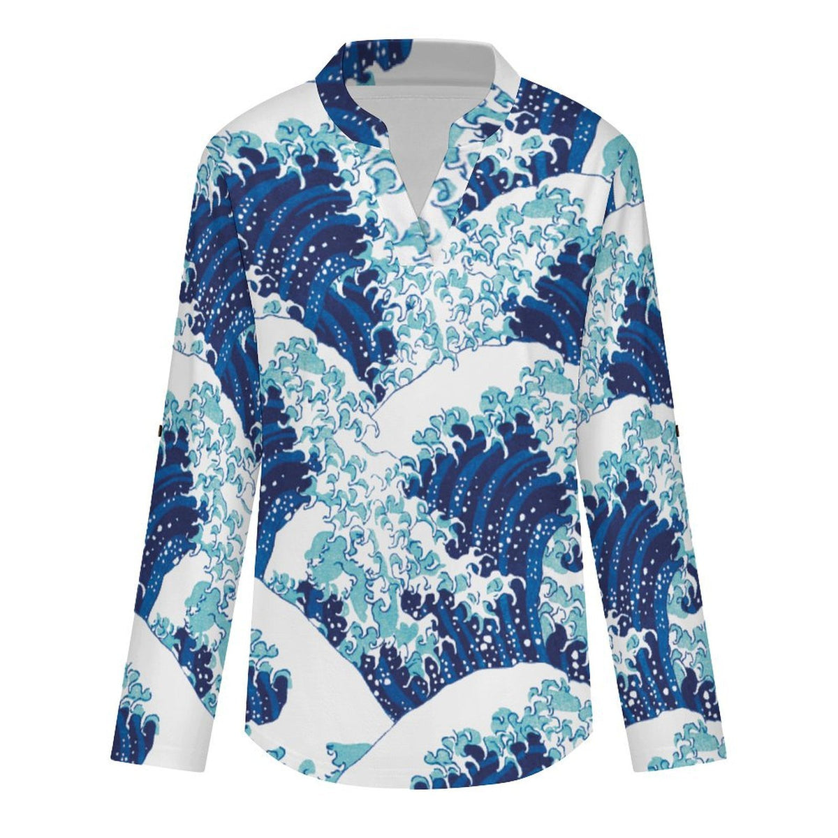 Chinese Wind, Wave  Versatile Notched V-Neck Tunic | Roll Tab 3/4 Sleeve Office Casual Top
