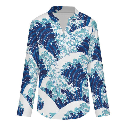 Chinese Wind, Wave  Versatile Notched V-Neck Tunic | Roll Tab 3/4 Sleeve Office Casual Top
