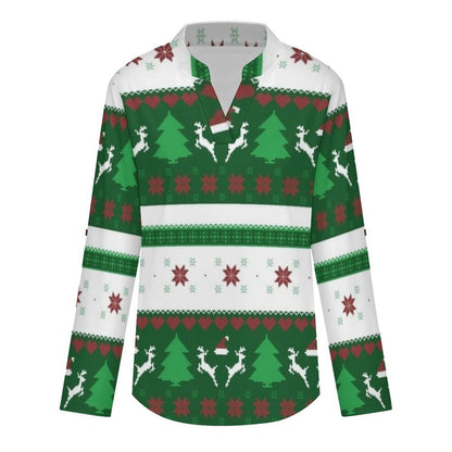 Versatile Notched V-Neck Tunic  Roll Tab 3/4 Sleeve Office Casual Top  Christmas Pattern